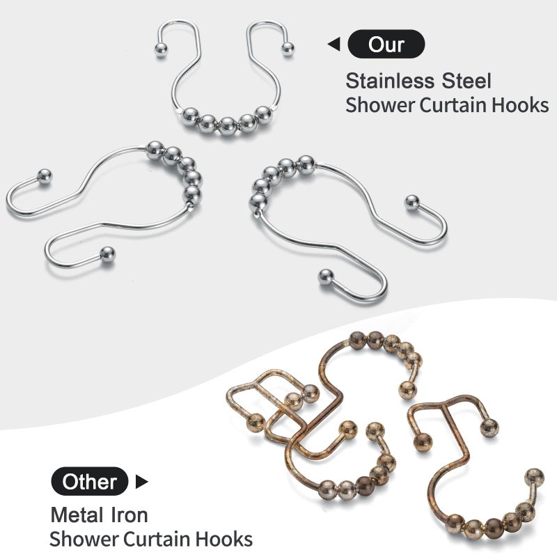 Goowin Shower Curtain Hooks, 12 Pcs Shower Curtain Rings, Stainless Steel Silver Shower Curtain Hooks Rings Rust Proof, Smooth Sliding Anti-Drop Double Shower Hooks for Shower Curtain, Rods (Chrome) - Image 2